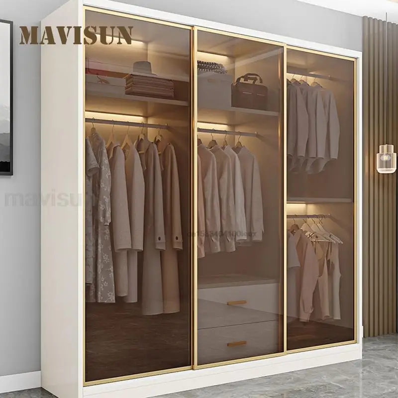 Italian Clothes Cabinet With LED Light And Storage Drawers Transparent Glass Sliding Door Bedroom Wardrobes Luxury Wood Closets