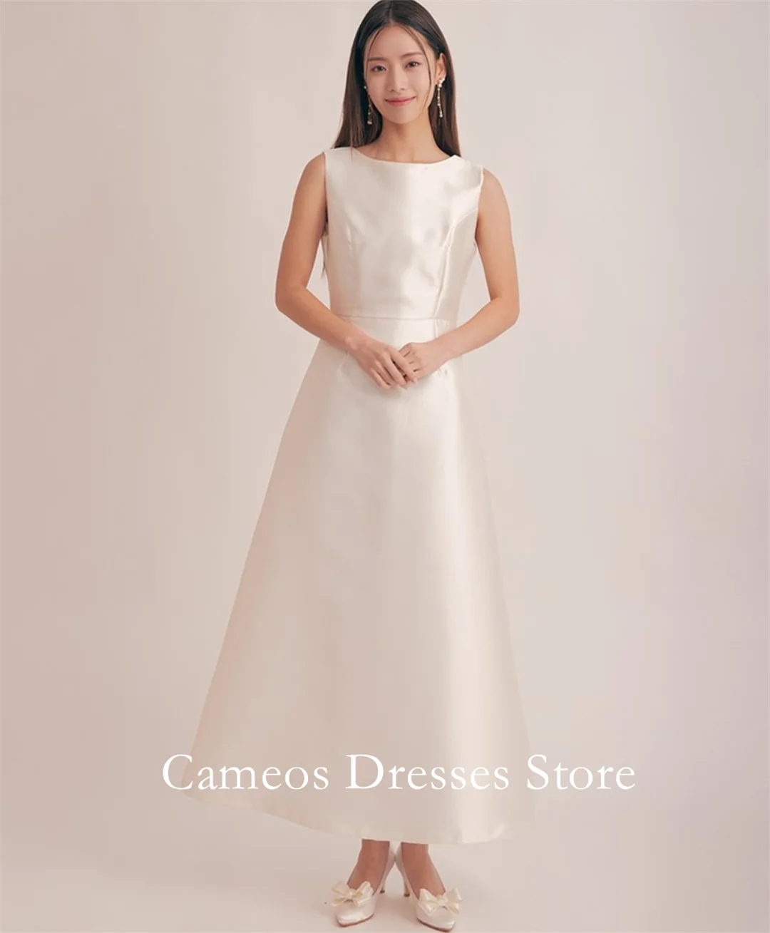 SONDR Customized Boat Neck Ivory A-Line Wedding Dresses Tea Length Sleeveless Simple Korea Brides Gowns Women Bridal Dresses
