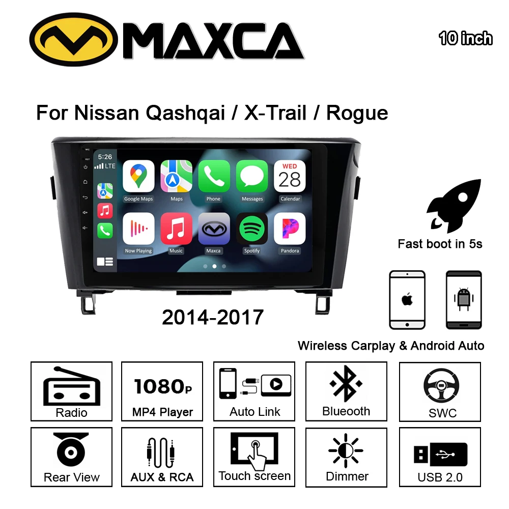 MAXCA 10 inch 2 din Wireless Carplay Android Auto Radio For Nissan Qashqai Xtrail Rogue OEM fit Multimedia Stereo