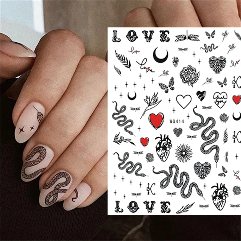 Adesivo per unghie Serpente Drago Farfalla Smiley Amore Sole Fiore Decalcomanie Art Tattoo Slider Trasferimento dell'acqua Lettera Unghie Decorazione artistica