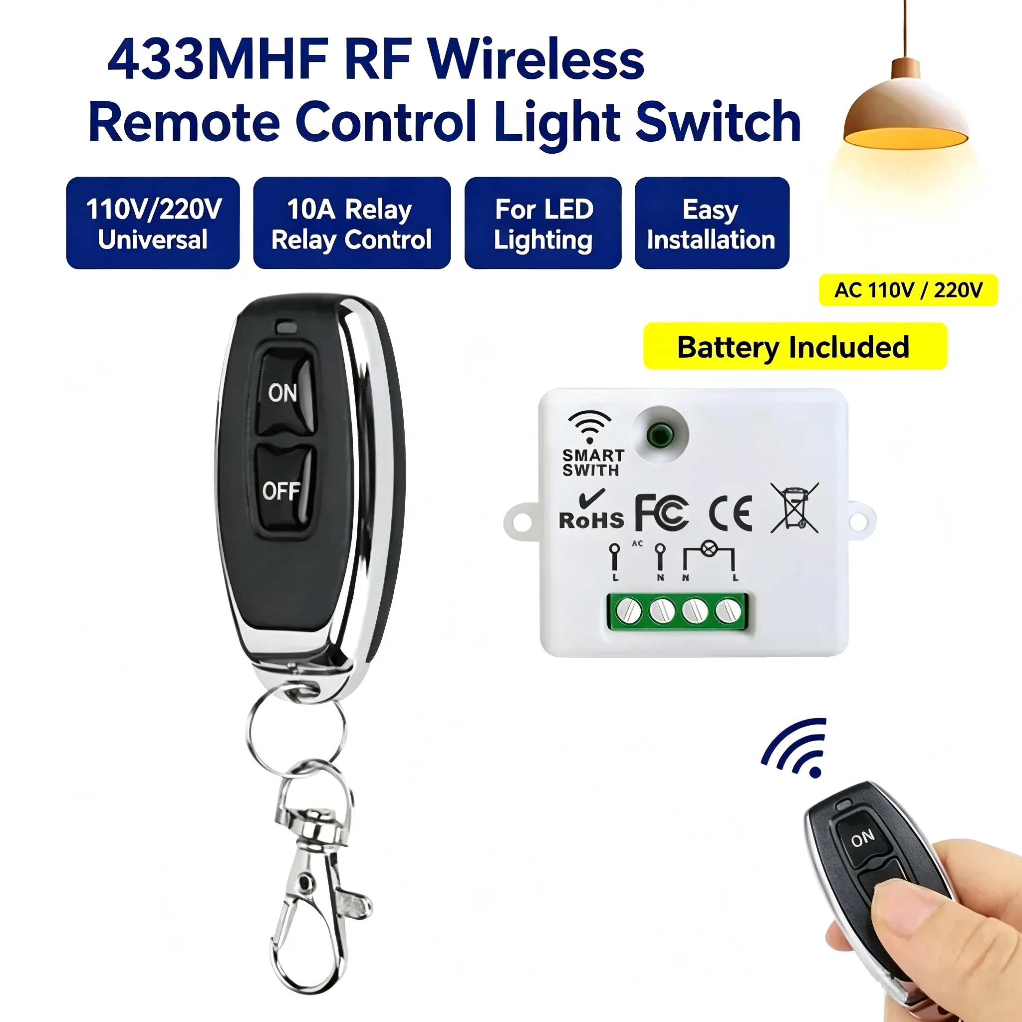 433MHz RF Wireless Remote Light Switch 110V 220V 10A Relay Controller for LED Lighting