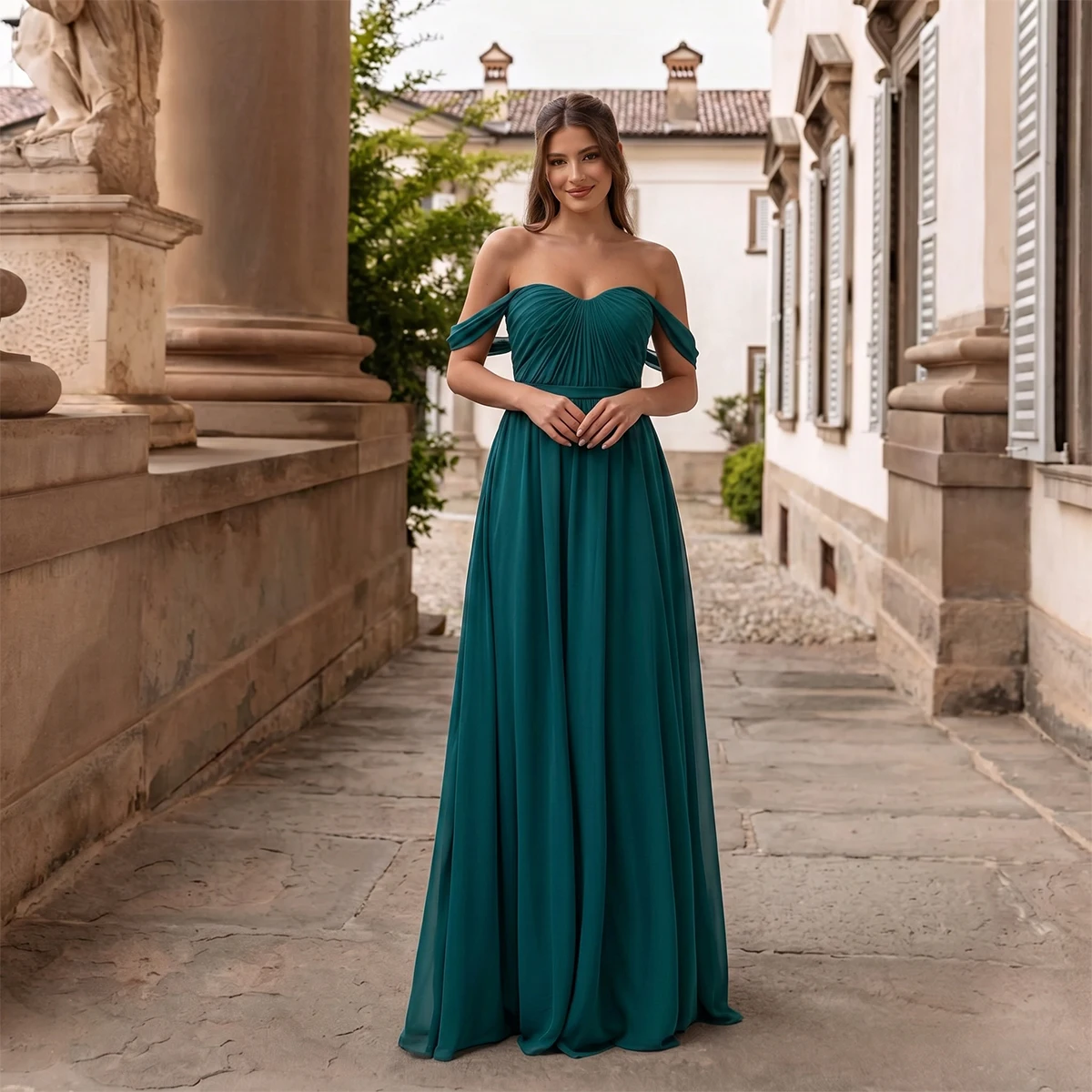 Classic Sweetheart Chiffon Bridesmaid Dresses Long Pleated Evening Gown For Women Off Shoulder Formal Dress