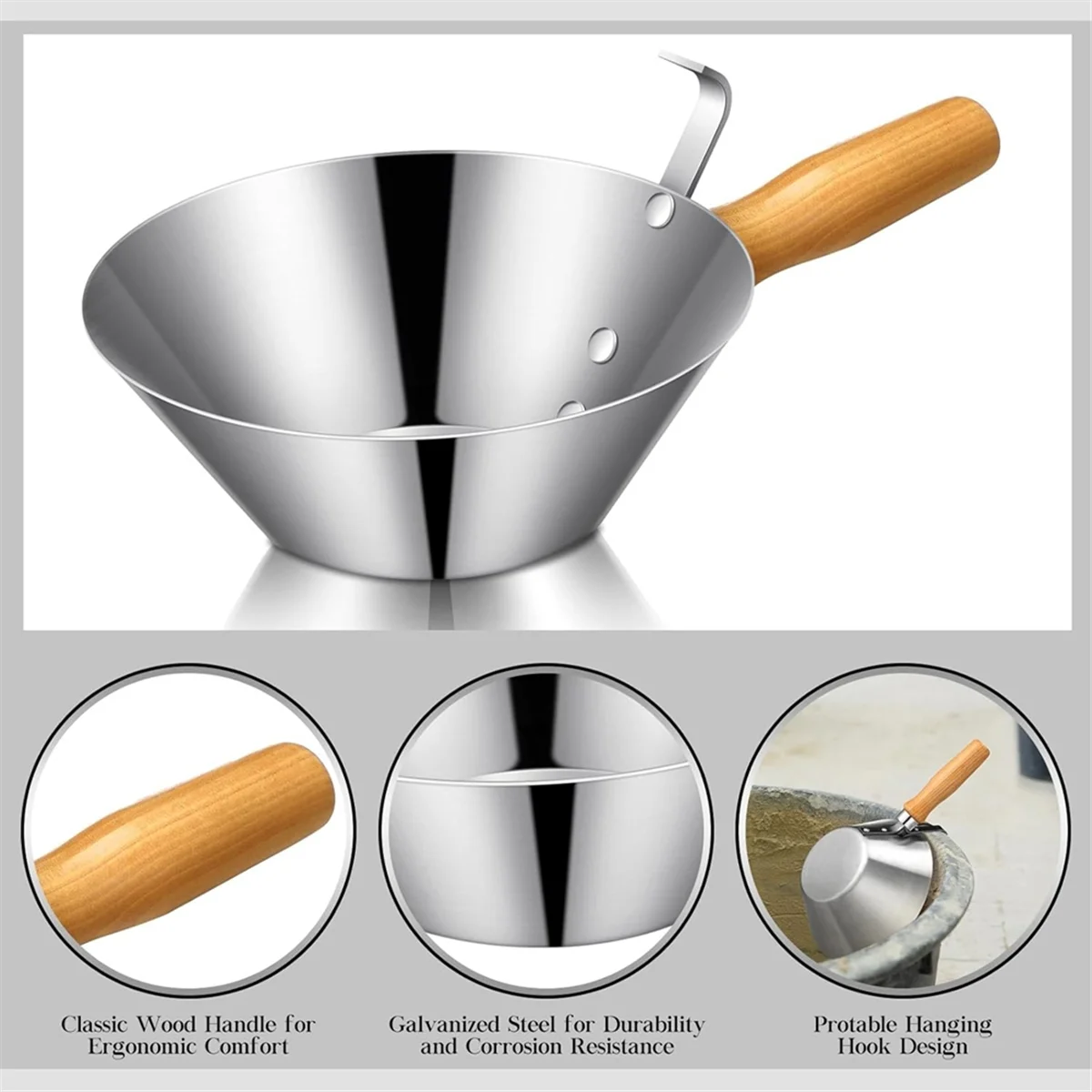 ABNJ Galvanized Steel Bucket Scoop Wood Handle Strong Heavy Duty Rust Bucket Scoop for Construction Landscaping Stucco Tools view 2