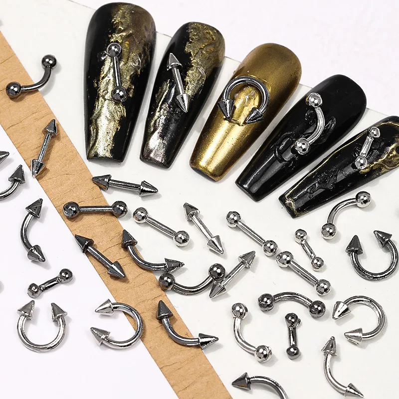 30PCS Punk Style Nail Accessories Piercing Alloy Studs Metal Curve Arrow Rivet Parts Charms For Nails Art Decoration Supplies