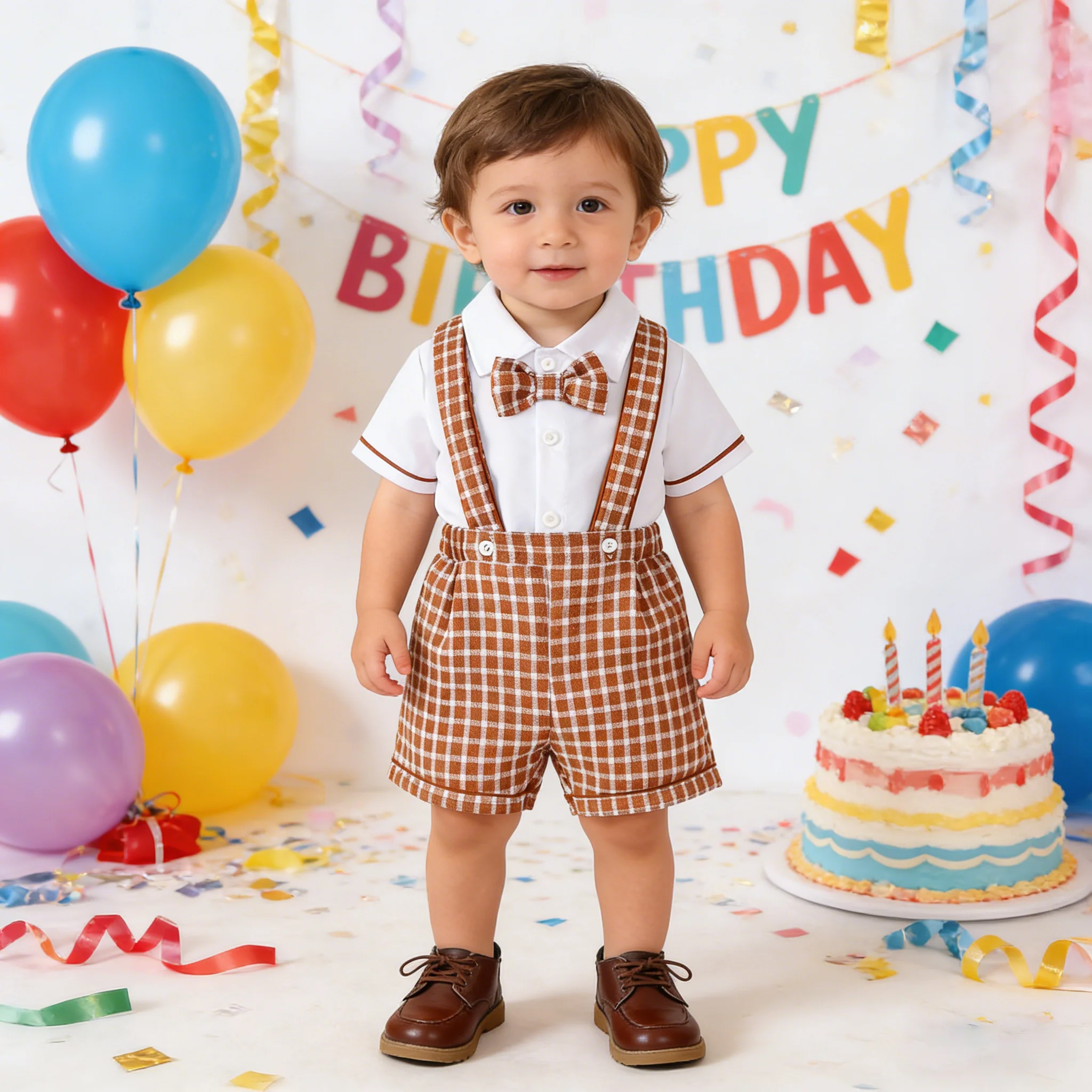 Baby Boy Small Gentleman's Set Lapel Checkered Tie Shirt Overalls Fashionable Set 0-3 Year Old Toddler Birthday Party Costume