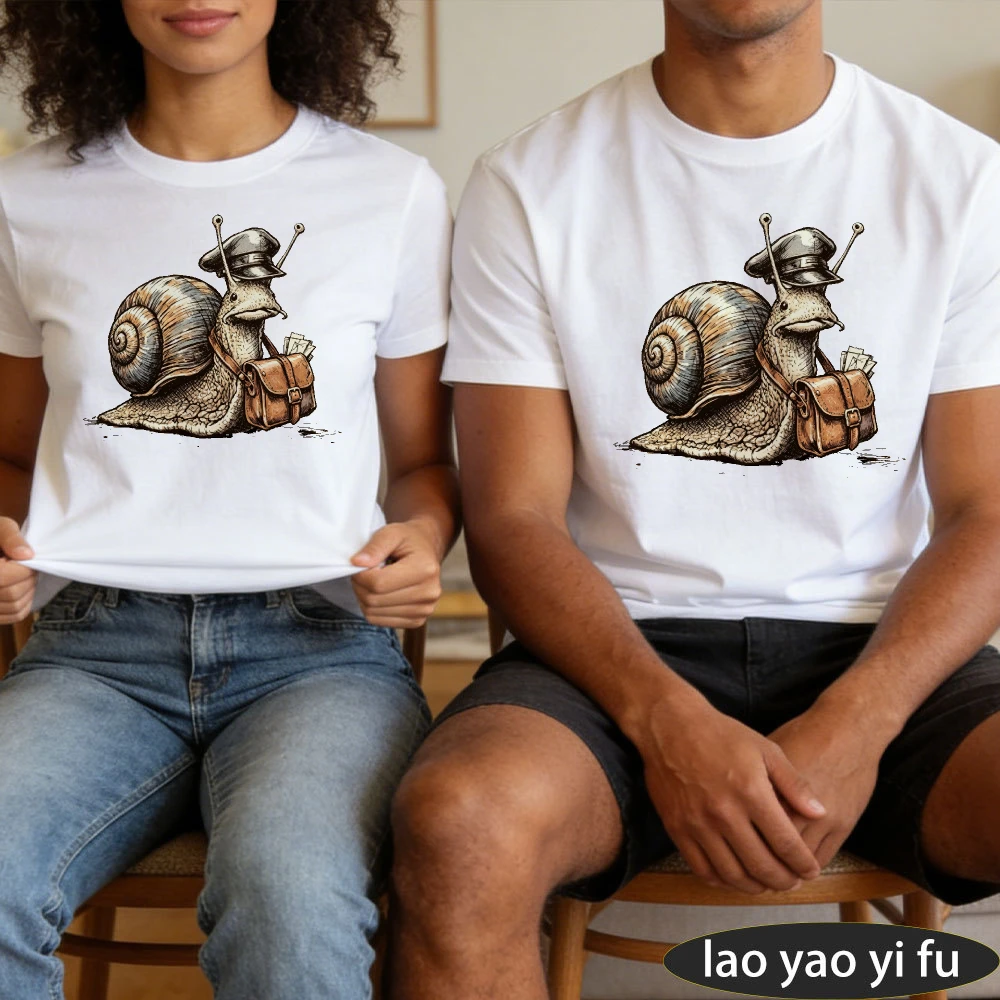 Postman Snail Vintage Sketch Mail Bag Cartoon Men Summer Cotton T Shirt Funny Animal Retro Trendy Street Top view 4