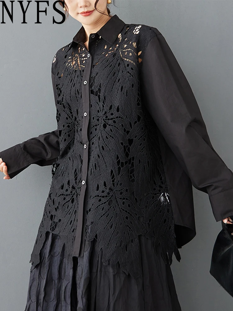 

NYFS 2025 Spring New Women Shirt Long Sleeve Irregular lace hook Tops Loose Plus Size Single-Breasted Blusas Camisa Mujer