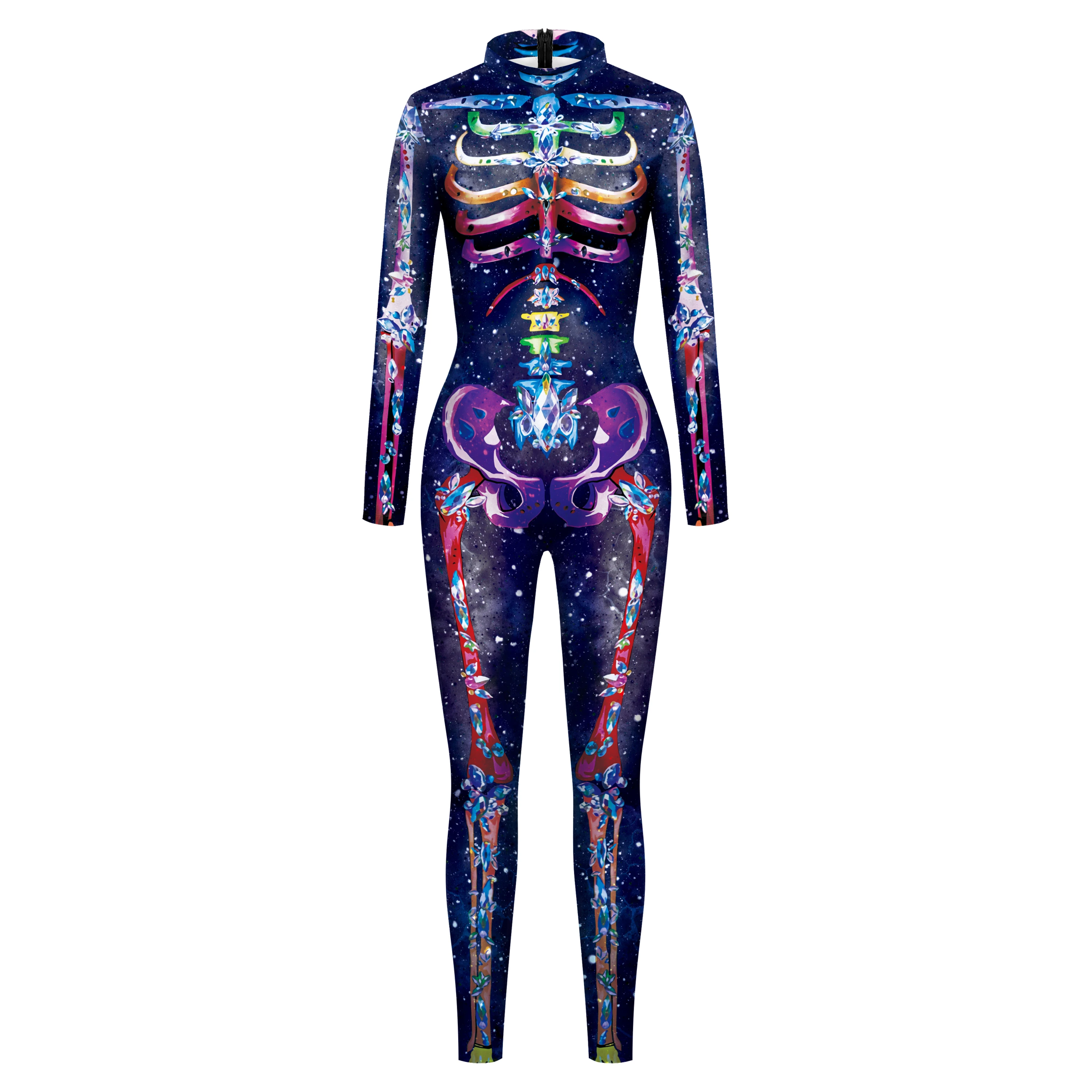 IOOTIANY Horror Lila Totenkopf-Druck Bodysuit Day of the Dead Halloween Feiertags-Spielset Erwachsenen-Jumpsuit Karneval Cosplay Zentai Kostüm – Detail 7