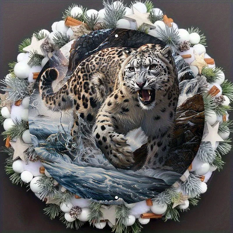 Round Aluminum Snow Leopard Art Sign, Waterproof HD Print, Pre-Drilled Metal Wall Decor, Decorative Wall Poster,8in, 11.8in, 1PC