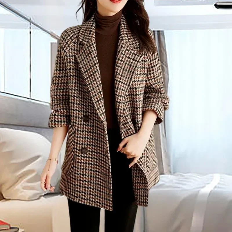 Plaid Women Wool Blends Coats Autumn Winter Overcoat Korean Fashion Mid Length Jacket Loose Lapel Outerwear Fashion Topcoat