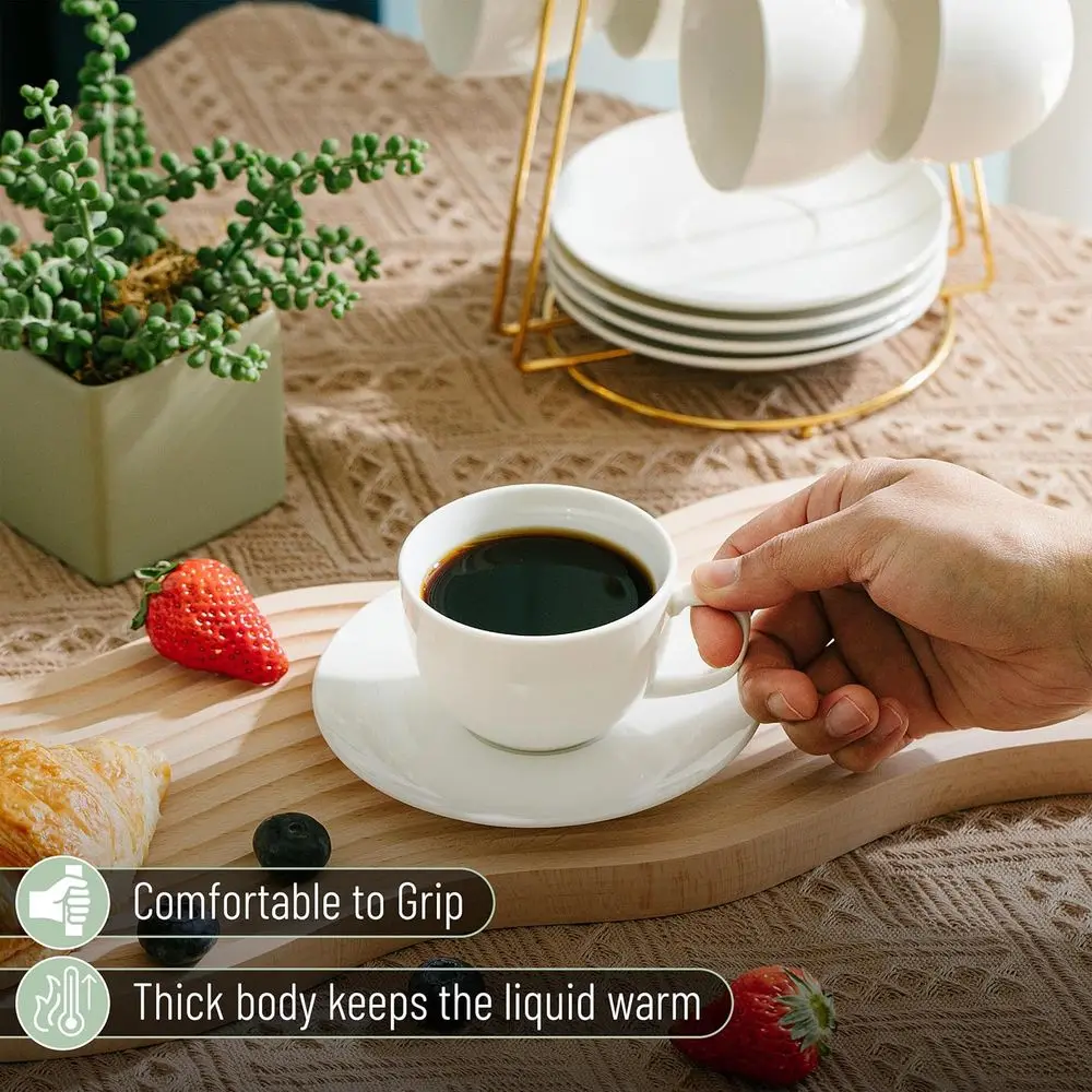 Set of 12 White Porcelain Tea Cups & Saucers, 8oz Capacity