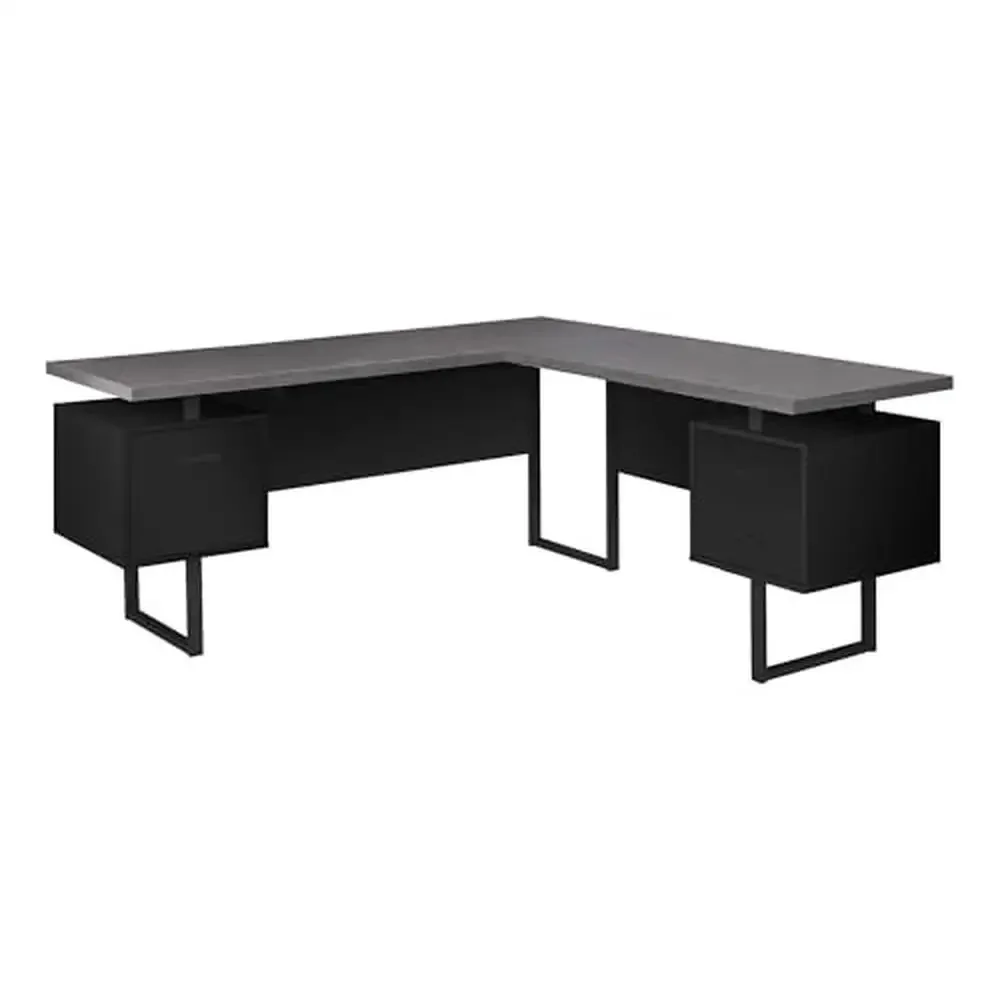 Corner Computer Desk L-Shaped Two-Tone Grey Wood Grain Look Office Furniture Metal Legs Black Finish