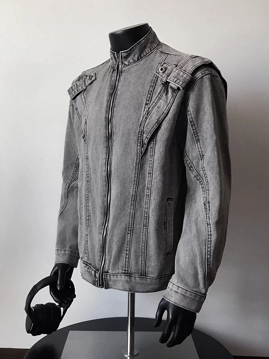 ReddaChic jaren 2000 Distressed Heren Denim Bomberjack Vintage Vuile Gewassen Lange Mouw Zip-up Jean Jas Biker Moto Streetwear