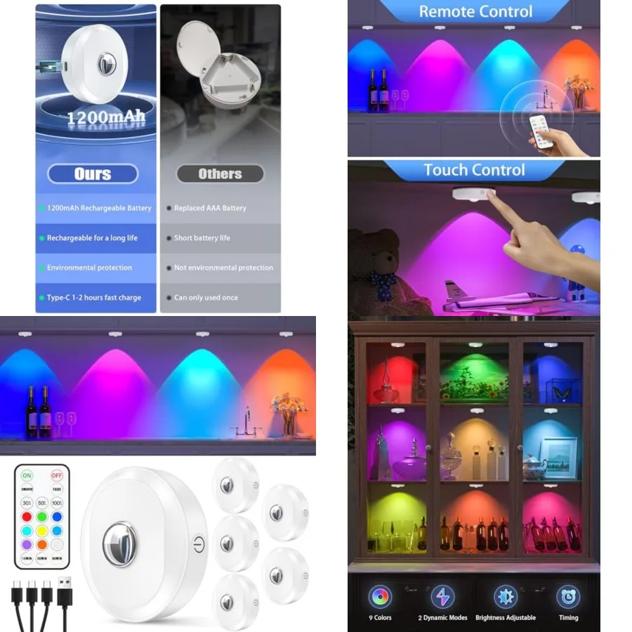

RGB Rechargeable Puck Lights with Remote Control, Under Cabinet Lighting Wireless, Dimmable Push Lights, Multicolor and Timing