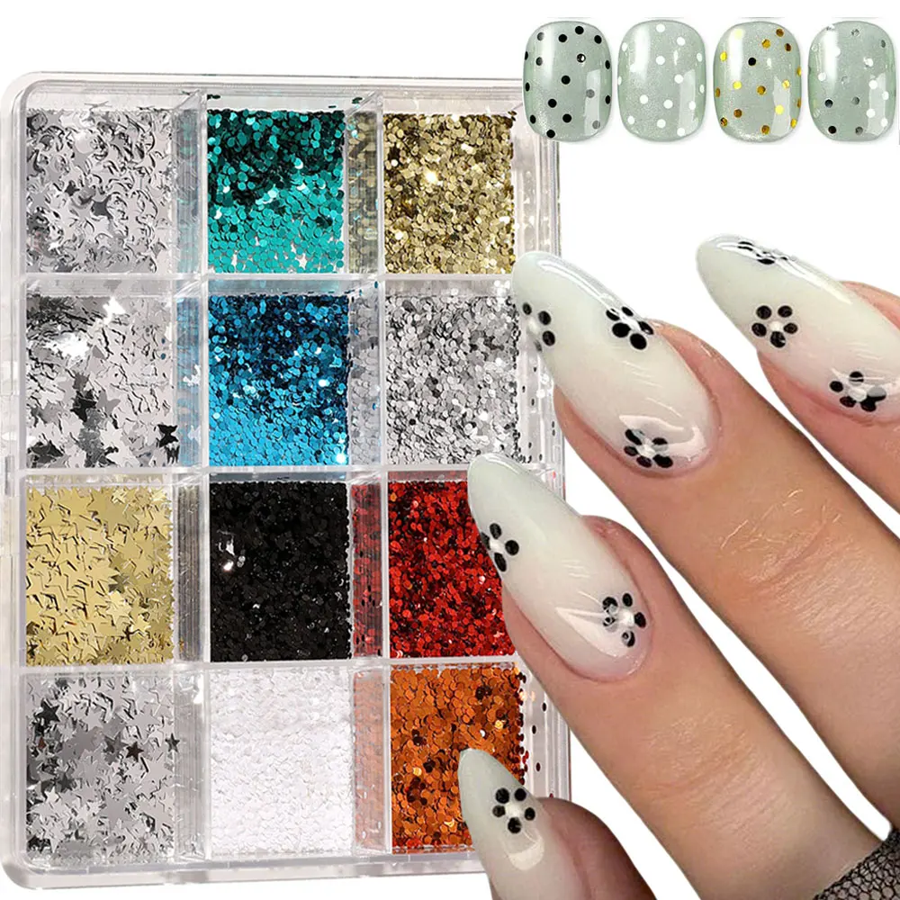 12grids 3D Laser Mini Polka Dot/Star Nail Sequins 1mm Black White Gold Silver Round Dots Nail Charms  Shiny Glitter Nail Decora
