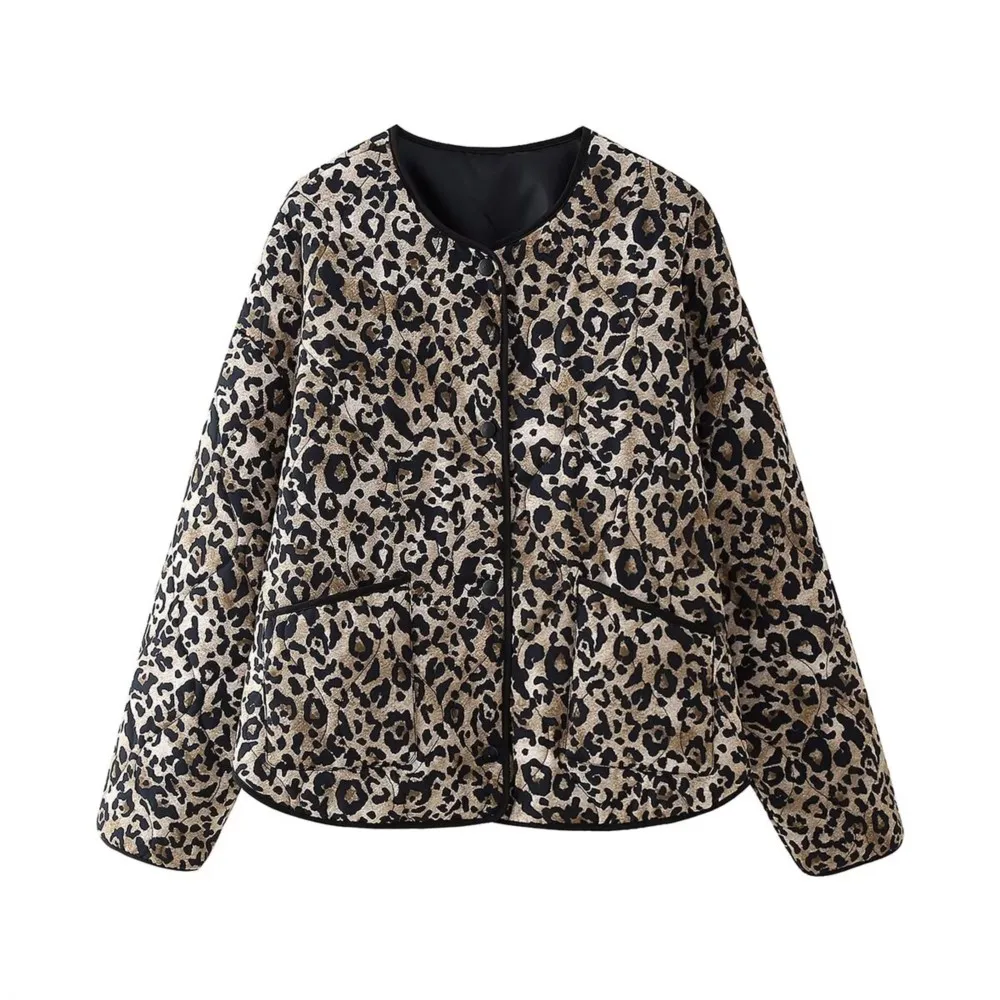 Retro Coffee Black Leopard Print Quilted Coat Ethnic Women Button Quilting Full Sleeve Warm Loose Jacket Oversize Outerwear