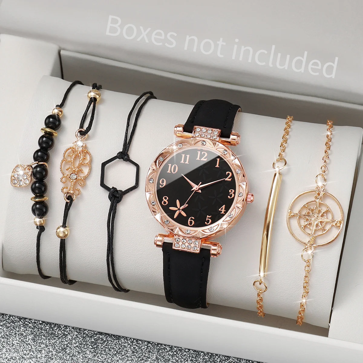 6PCS/Set Women Watches Fashion Flower Rhinestone Quartz Watch Leather Band Wrist Watch Bracelets Set Reloj Mujer (Without Box)