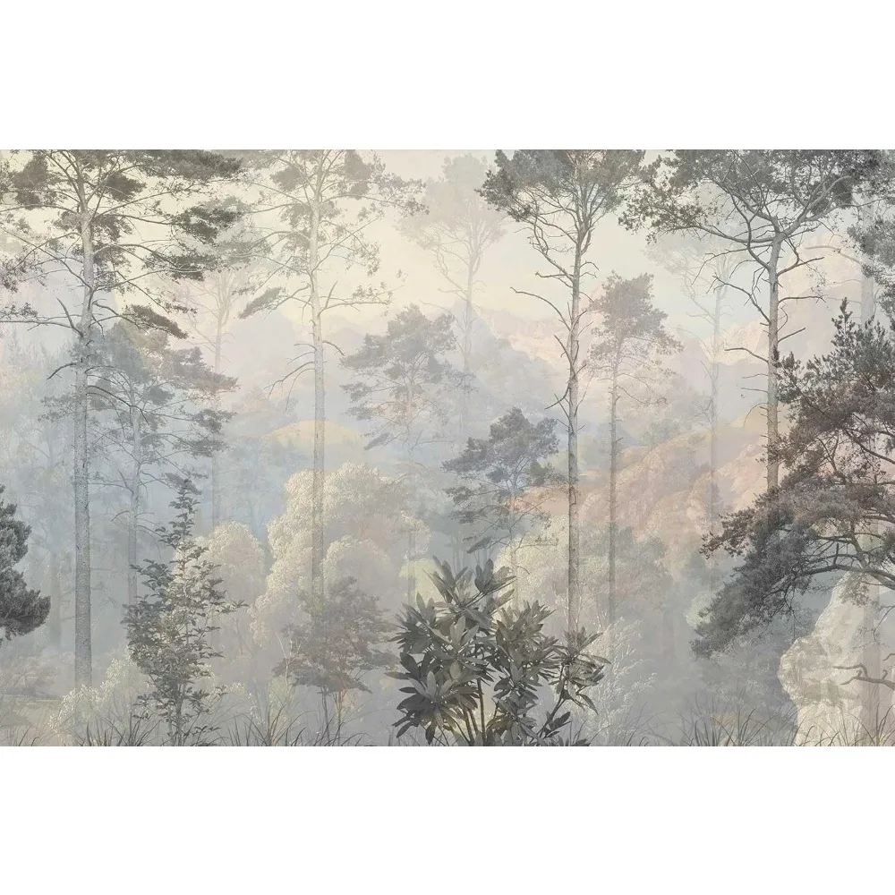 Abstract Nature Landscape Wall Mural, Hazy Forest Wallpaper, Non-Adhesive Background Wall Decoration Patterns