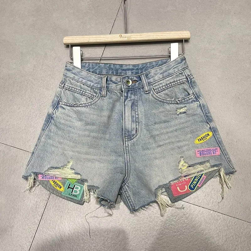 High Street Hit Color Patchwork Ripped Denim Shorts Women New Summer High Waist Casual Loose Wide Leg Short Jeans s622