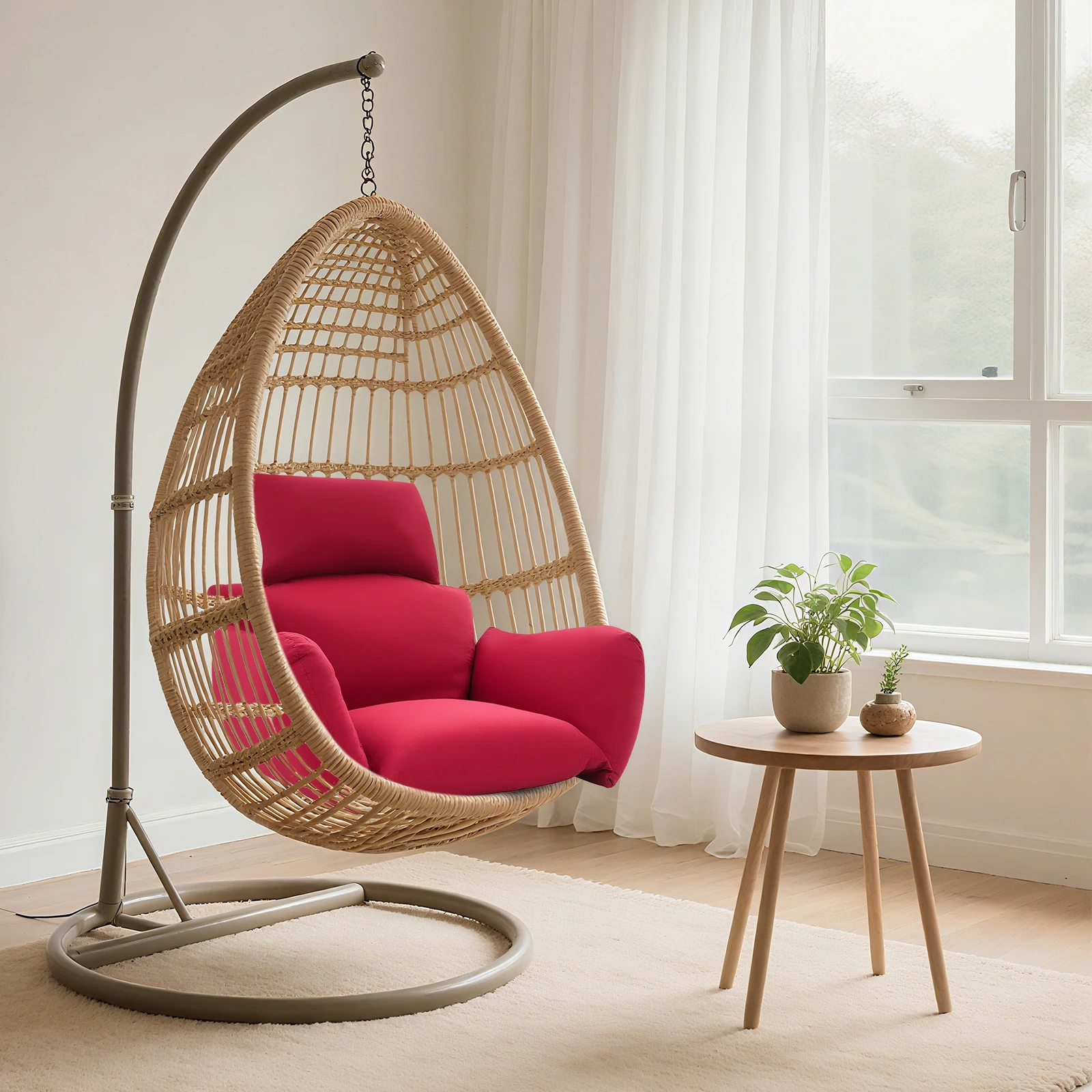 

Burgundy Egg Chair Cushion—Brushed Fabric+High-Density PP Cotton(Soft/Breathable), Detachable Headrest(Adjustable Straps)