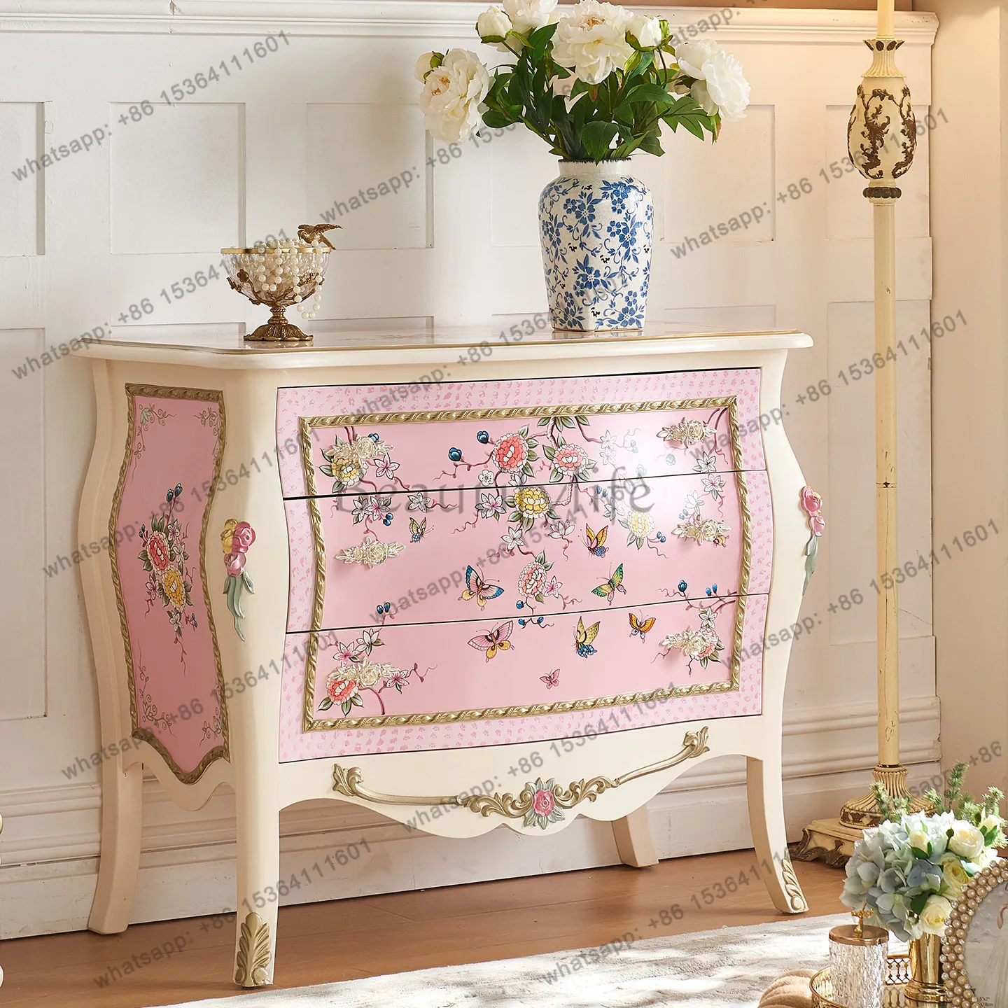 

French princess style pink bedroom, bedside storage cabinet, living room entry foyer decoration entrance three-bucket cabinet