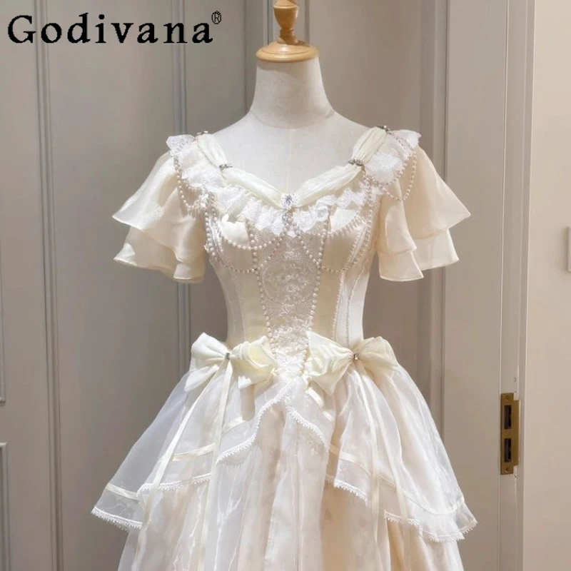 Summer Japanese Lolita Princess Dress Women Waist Cinching Heavy Craft Slimming Dress Female New Birthday Party Long Dress