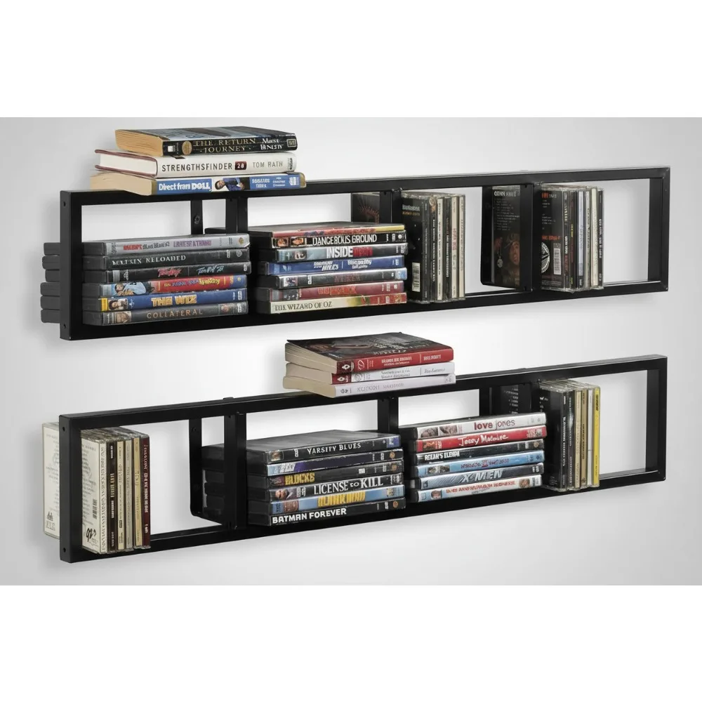 رف تخزين الوسائط العائمة مقاس 34 بوصة، منظم أقراص CD DVD، مجموعة أرفف جدارية معدنية مكونة من قطعتين باللون الأسود