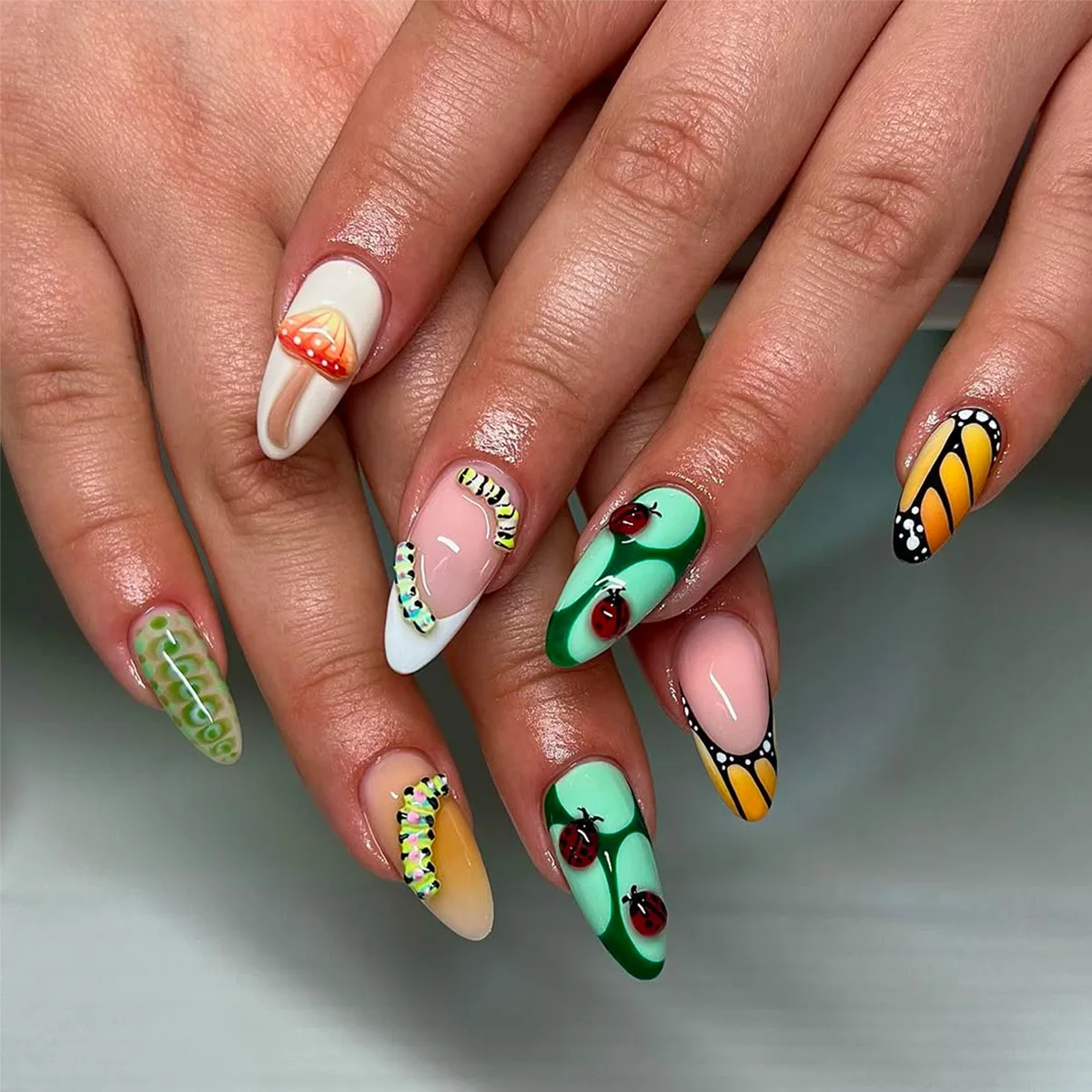 

24PCS Almond False Nails Sweet Cool Green Stripes Plants Patterns Press on Nails Full Cover Wearable Fake Nails for Women Patch