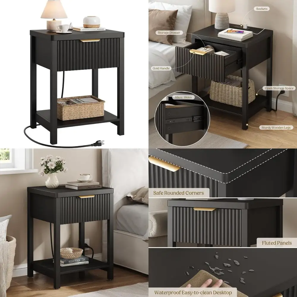 

Contemporary Black Nightstand with Fluted Design, Charging Station, Storage Drawer, and Space-Saving Feature for Modern Bedrooms