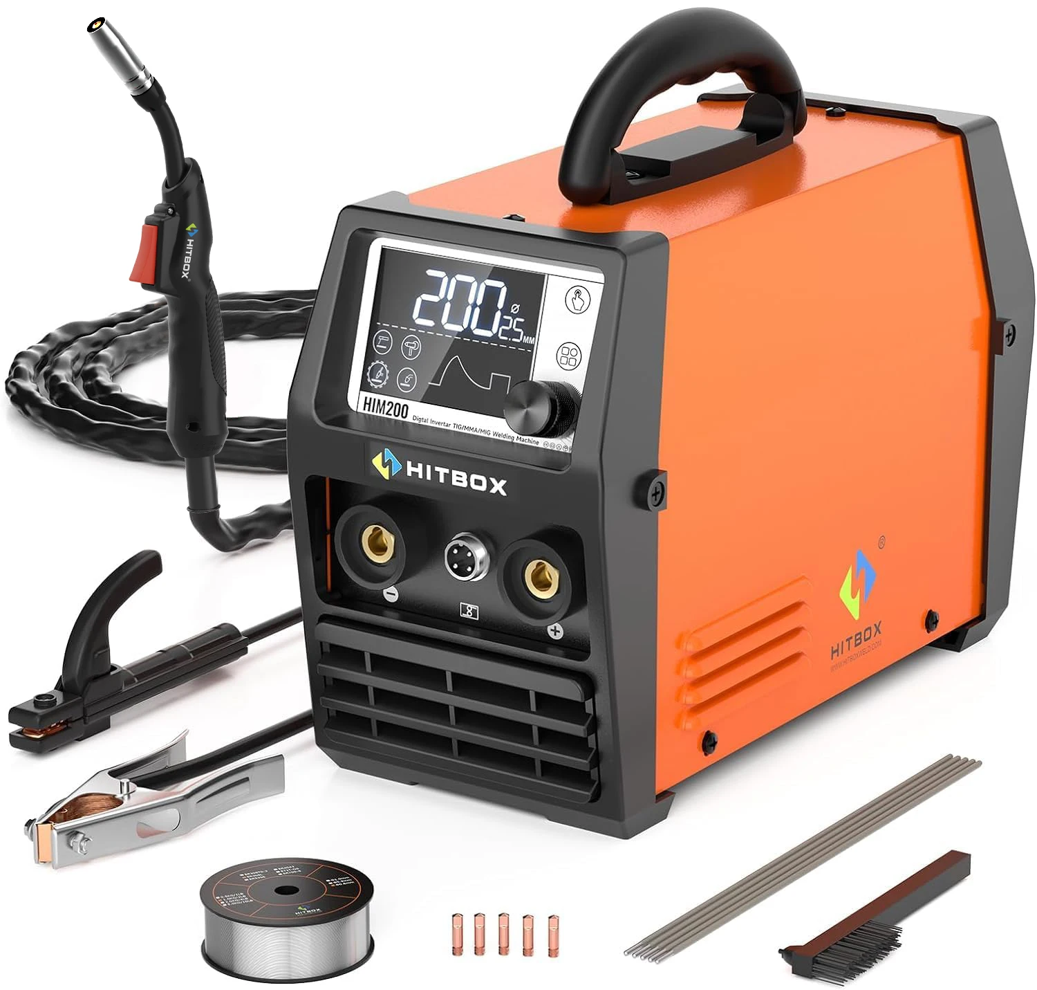 

Сварочный аппарат HITBOX HIM200 Synergic MIG с LED-дисплеем, 110В/220В, 4-в-1: для сварки MIG (с катушкой), MIG (без катушки), Stick (ручная дуговая сварка), Lift TIG