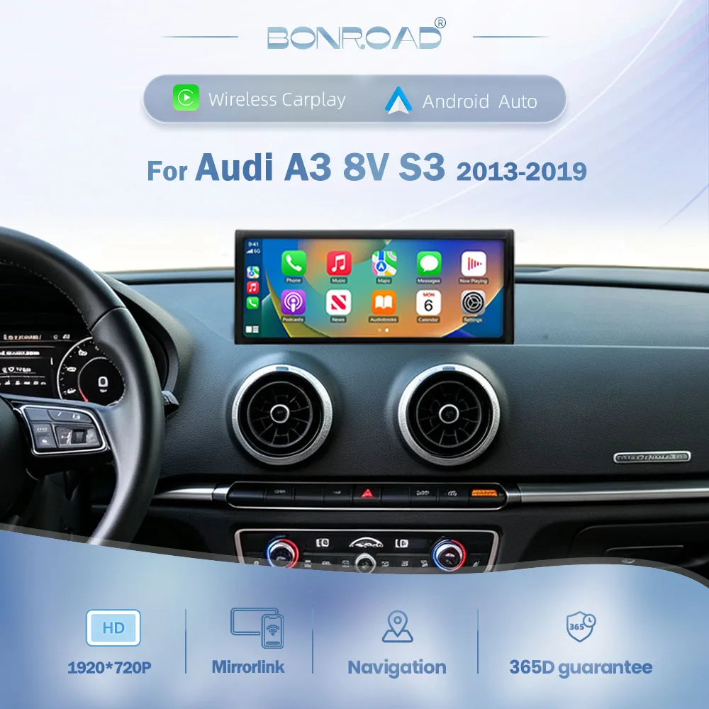 BONROAD 1920*720P, sistema multimediale per autoradio con Linux, schermo da 12,3 pollici, compatibile con Audi A3 8V S3 (2013-2019), sistema MIB1 MIB2, con Carplay wireless, Android Auto, RDS e