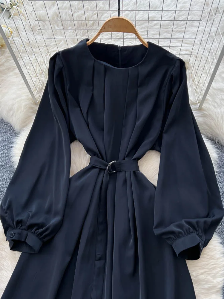 Retro runde Ne Plissee Design Sinn Belted Taille Laterne Sve Dr Frauen Herbst Abnehmen Lange Dr Koreanische Sle Hohe Wa...