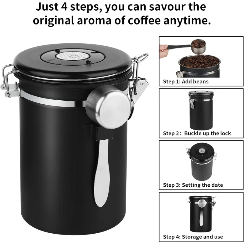 

Герметичный контейнер для хранения кофейных банок из нержавеющей стали, оснащенный трекером даты и мерной ложкой, подходит для зерна.