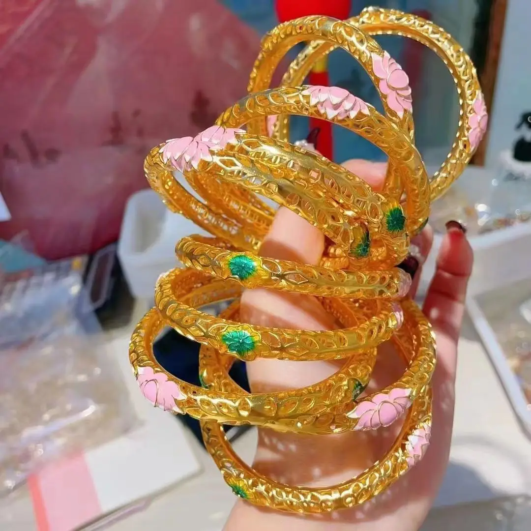 

Women's 24K Gold (AU999) Openwork Lotus Bracelet | Bamboo-Joint Cuff, Gold-Inlaid Leaves with "Purity Inscription"