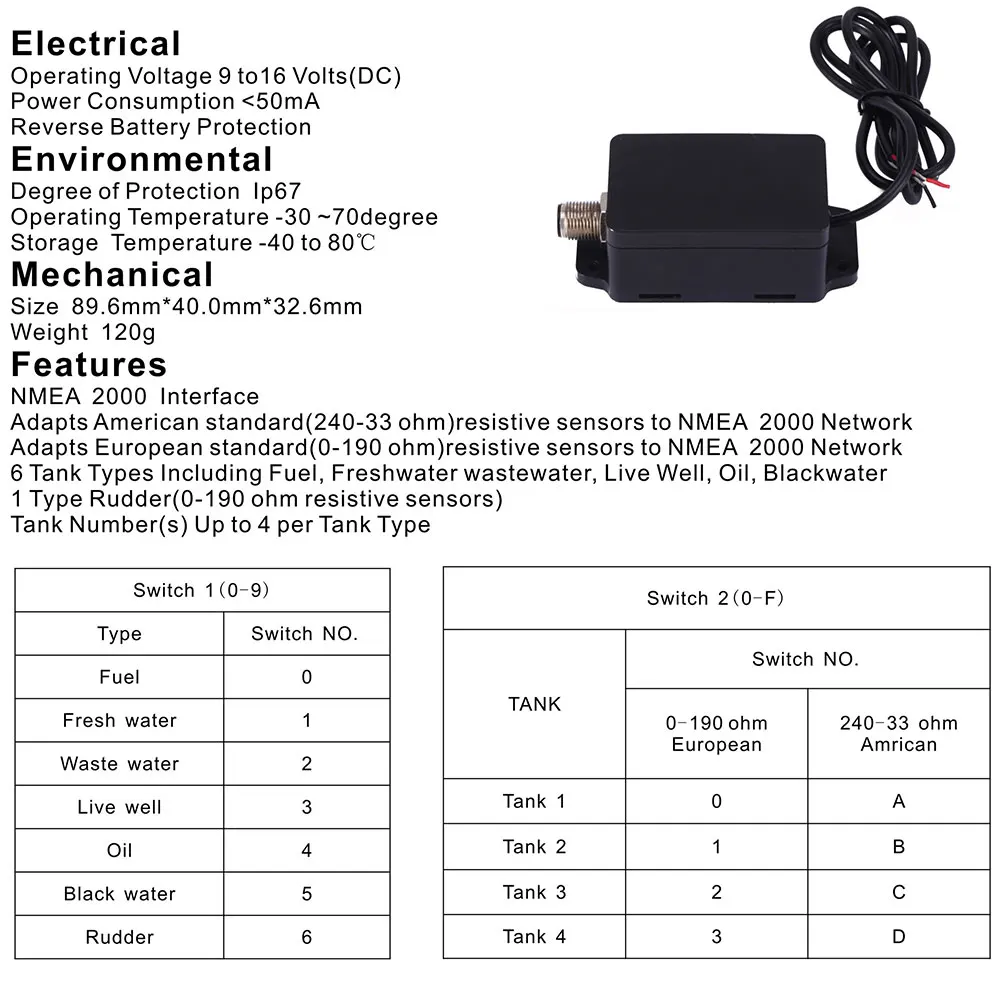 Moduł konwertera NMEA2000 Kable łączące Adaptery 0-190ohm 240-33ohm Wskaźnik poziomu paliwa do łodzi Jacht Wskaźnik zbiornika Samochód morski