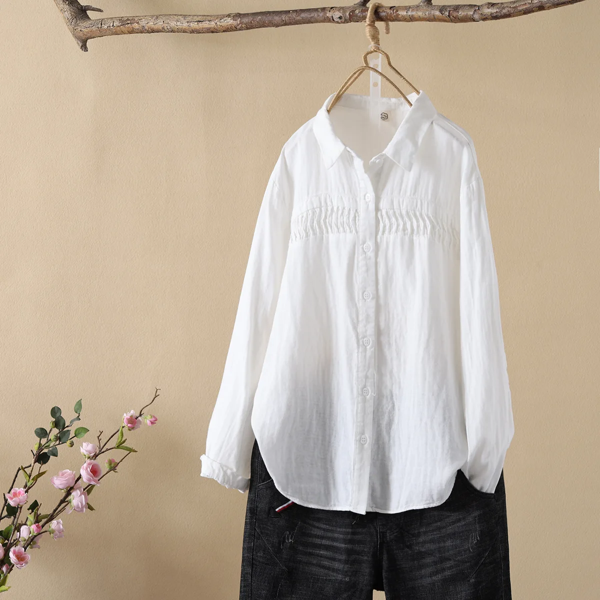 New Summer Cotton Yarn Long Sleeve Shirt, Women Lapel Folds Tops, Mori Girl Casual Fashion White Loose Blouses, Autumn T47988QM