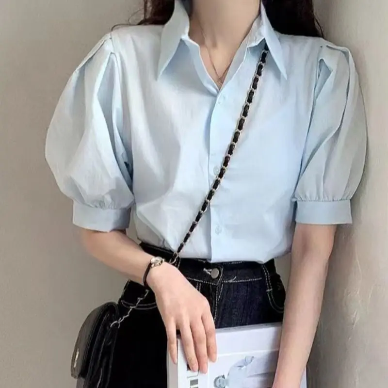 South KoreachicSummer Younger Retro Minority Temperament Shirt Short Sleeve Thin Loose Puff SleevespoloCollar top