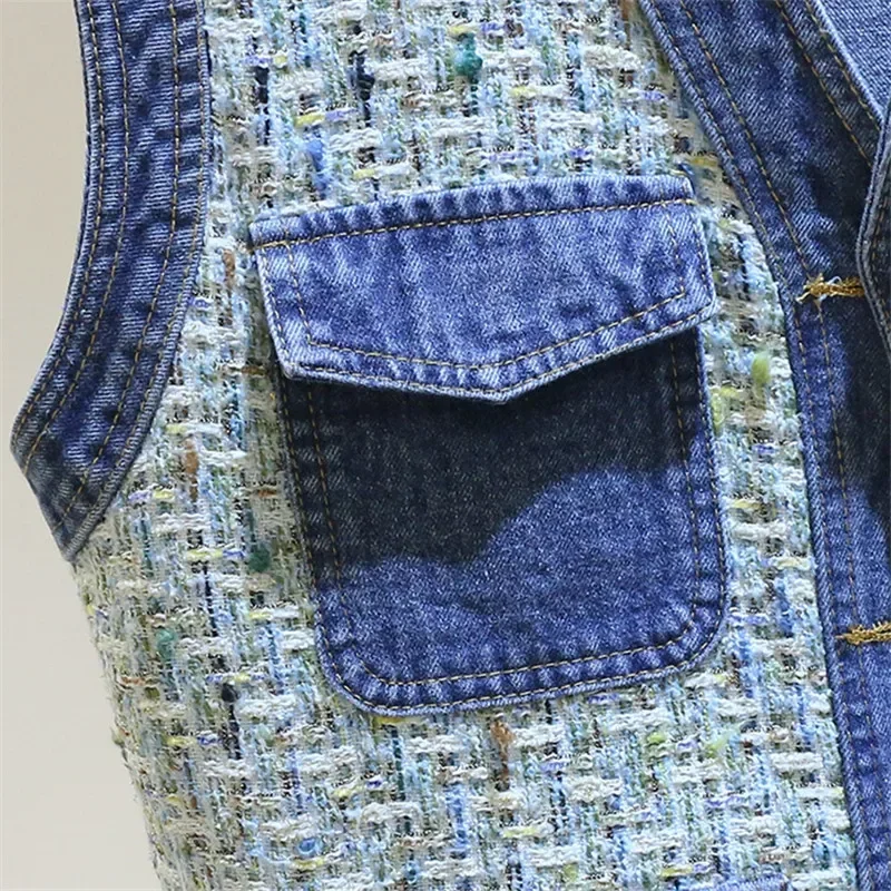 

Spring Korean Tweed Splicing Denim Vest Women Waistcoat Loose Casual Short Sleeveless Jacket Coat Big Pocket Jeans Vests Female