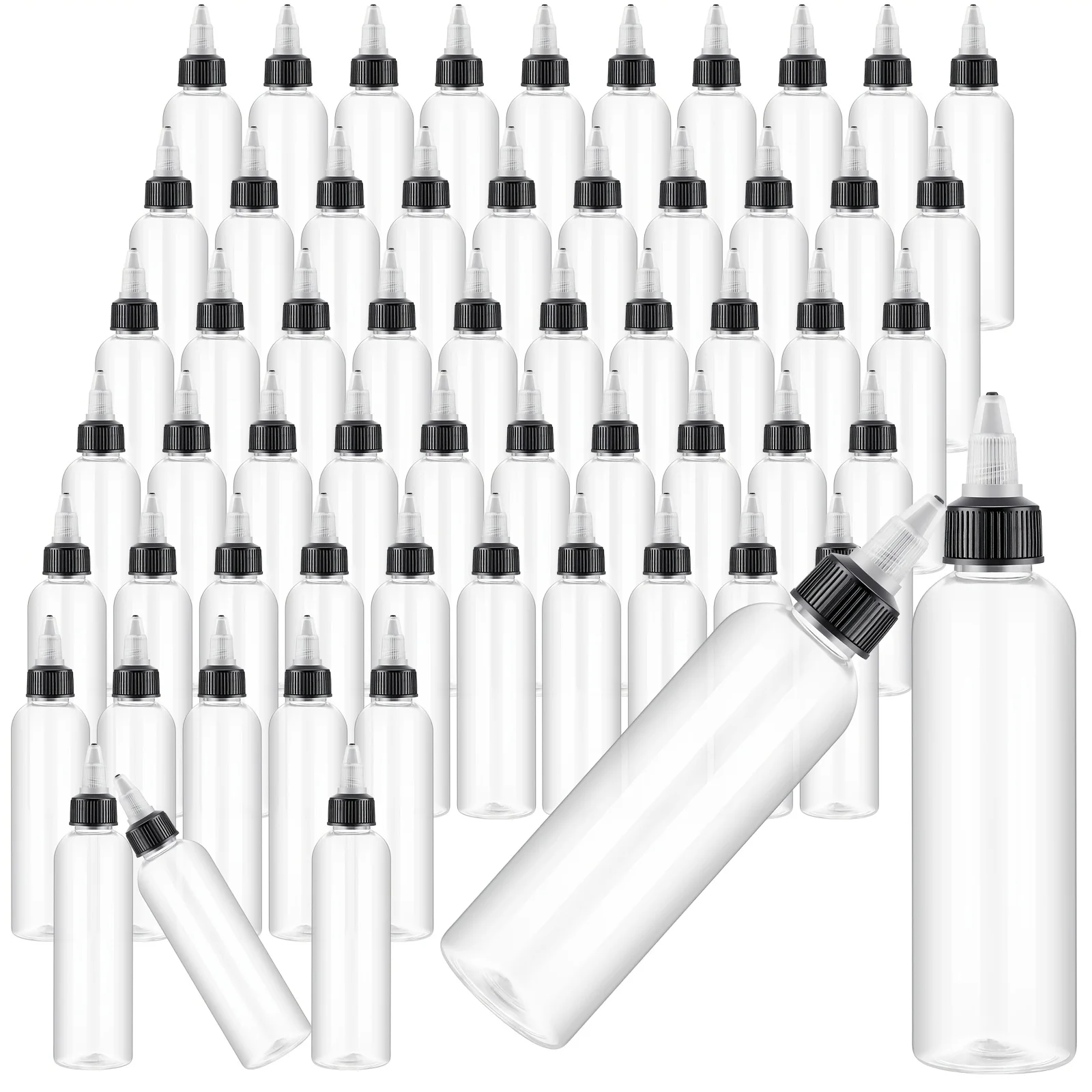 

Bulk Pack of 80 Empty 4 Oz Plastic Squeeze Bottles with Boston Dispensing Design, Featuring 20/410 Twist Top Caps, Suitable for
