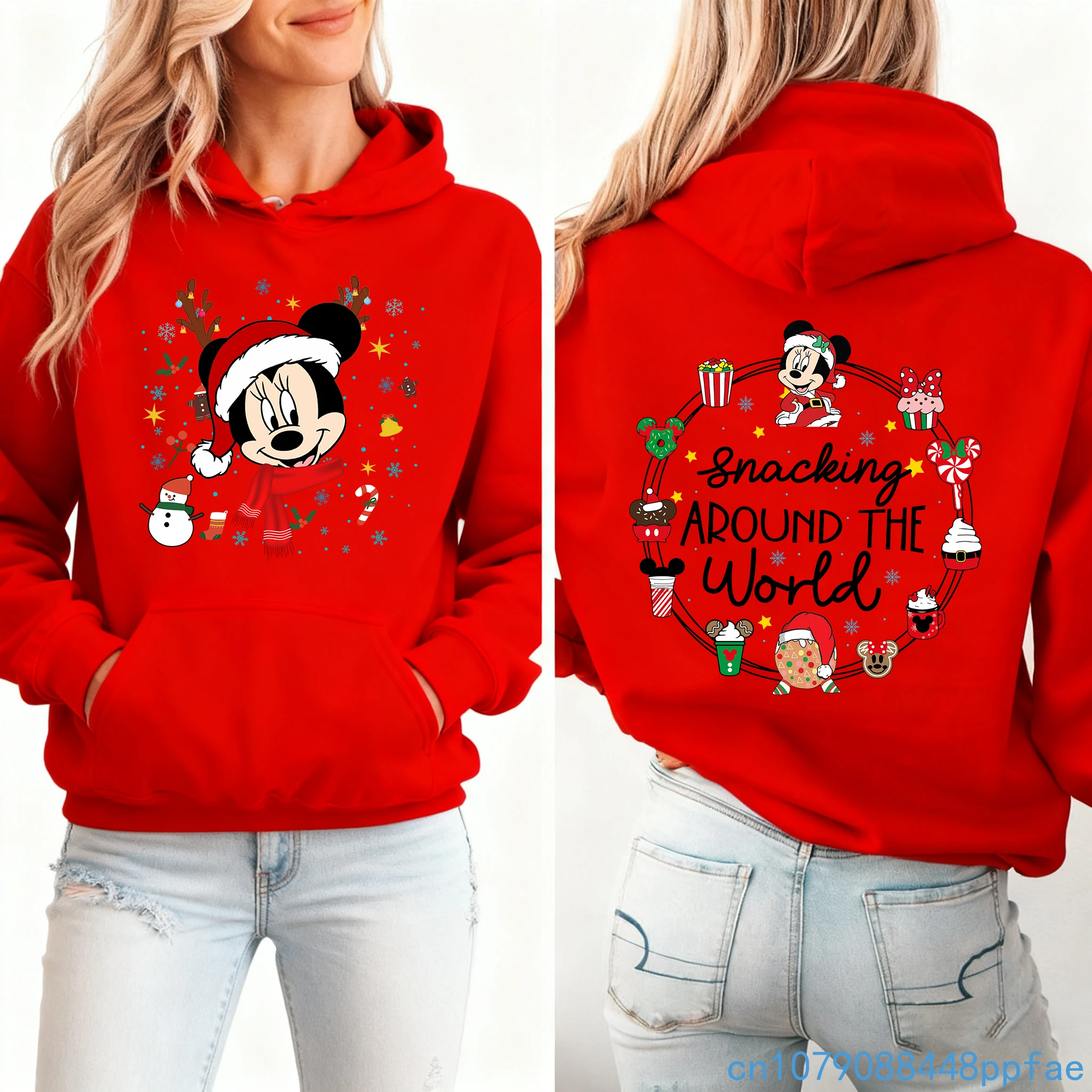 Nuova felpa con cappuccio carina Minnie Mouse Christmas Journey Print Felpa natalizia comoda e casual alla moda da donna