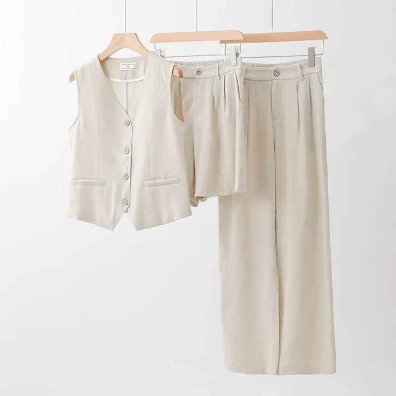 Summer Linen Sleeveless Vest Suit Female Old Money Style  Relaxation Loose and Thin V-neck Beige Small Vest Outer Wear