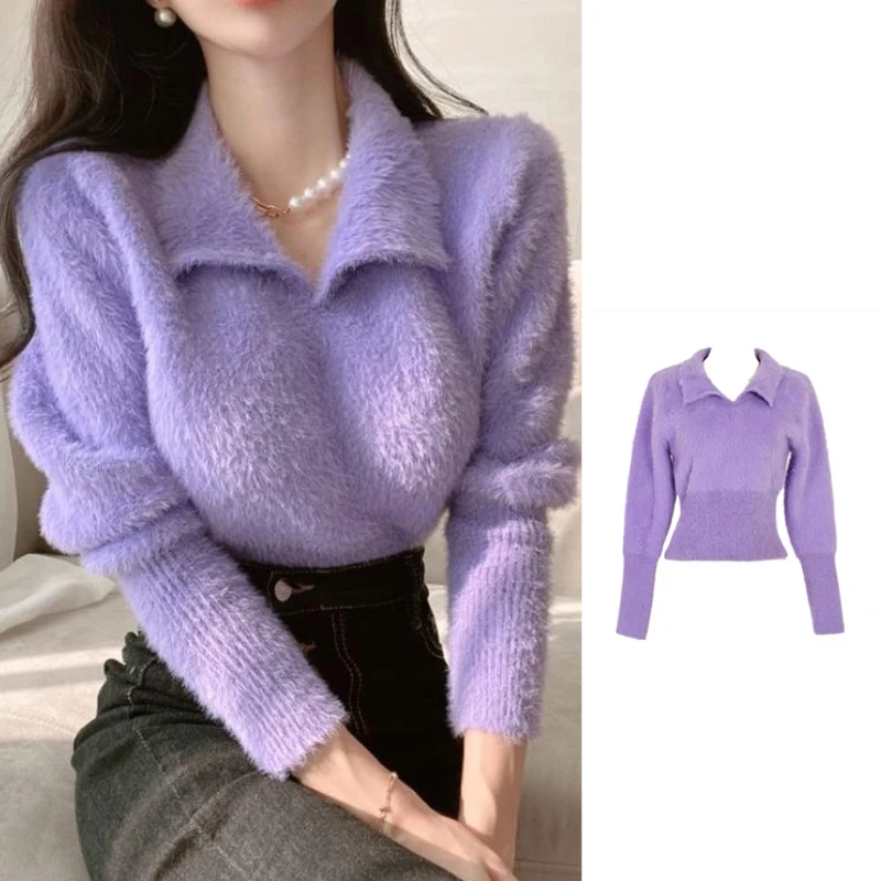 

French Soft Pullover Sweater Women Spring Autumn Turn-down Collar Long Sleeve Tops Solid Color Simple Casual Female Sweater