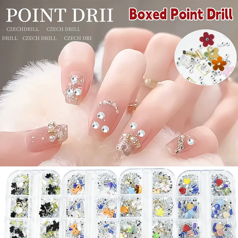 12 Grids Flower Bow Nail Charms Rivet Mixed Colorful Floral Nail Parts 3D Elegant Manicure Decoration