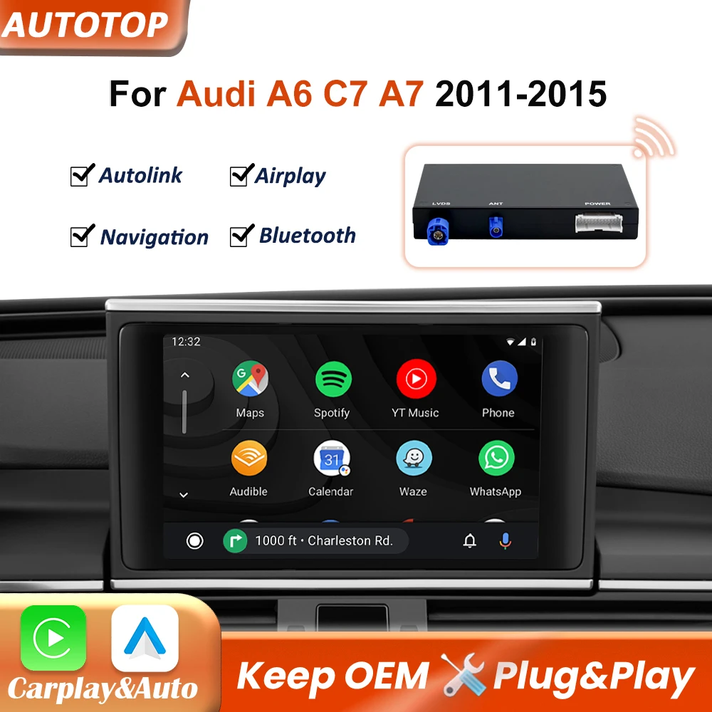 Bezprzewodowy moduł interfejsu CarPlay Android Auto do Audi A6 C7 A7 2011 2012 2013 2014 2015 System HNR z funkcją Mirror Link, Bluetooth i nawigacją GPS