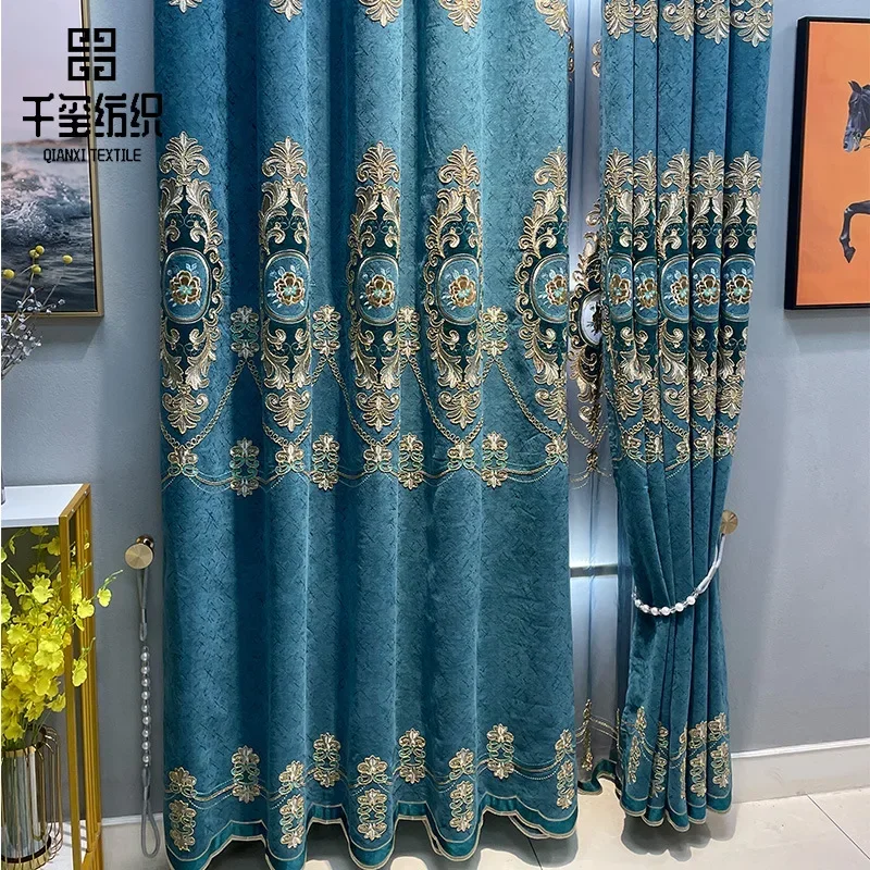 

European Luxury Italian Velvet Curtains for Living Room Embroidered Fabric Floor-standing Blackout Bedroom Dining Custom Size