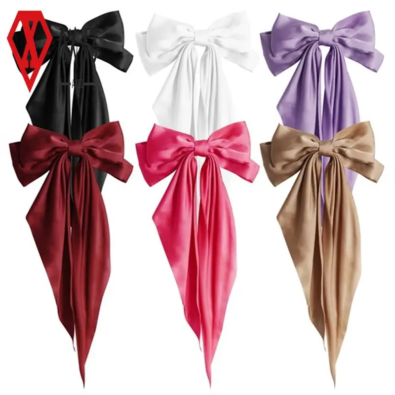 

AX83-6PCS Double Layers Bowknot Streamer Hairpin Woman Girl Satin Ribbon Barrette Bow Back Head Spring Clip