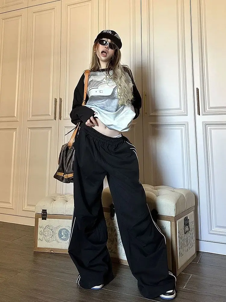 HOUZHOU pantaloni sportivi da donna a righe nere pantaloni larghi Casual oversize pantaloni sportivi di moda in stile coreano larghi a vita alta