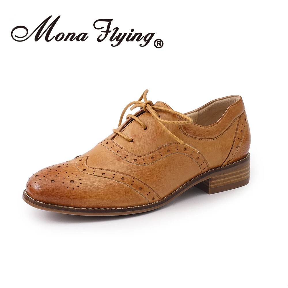 

Mona Flying Women's Genuine Leather Wingtips Oxfords Brogue Shoes Handmade Comfortabe Lace-up Flats Shoes for ladies A068-183