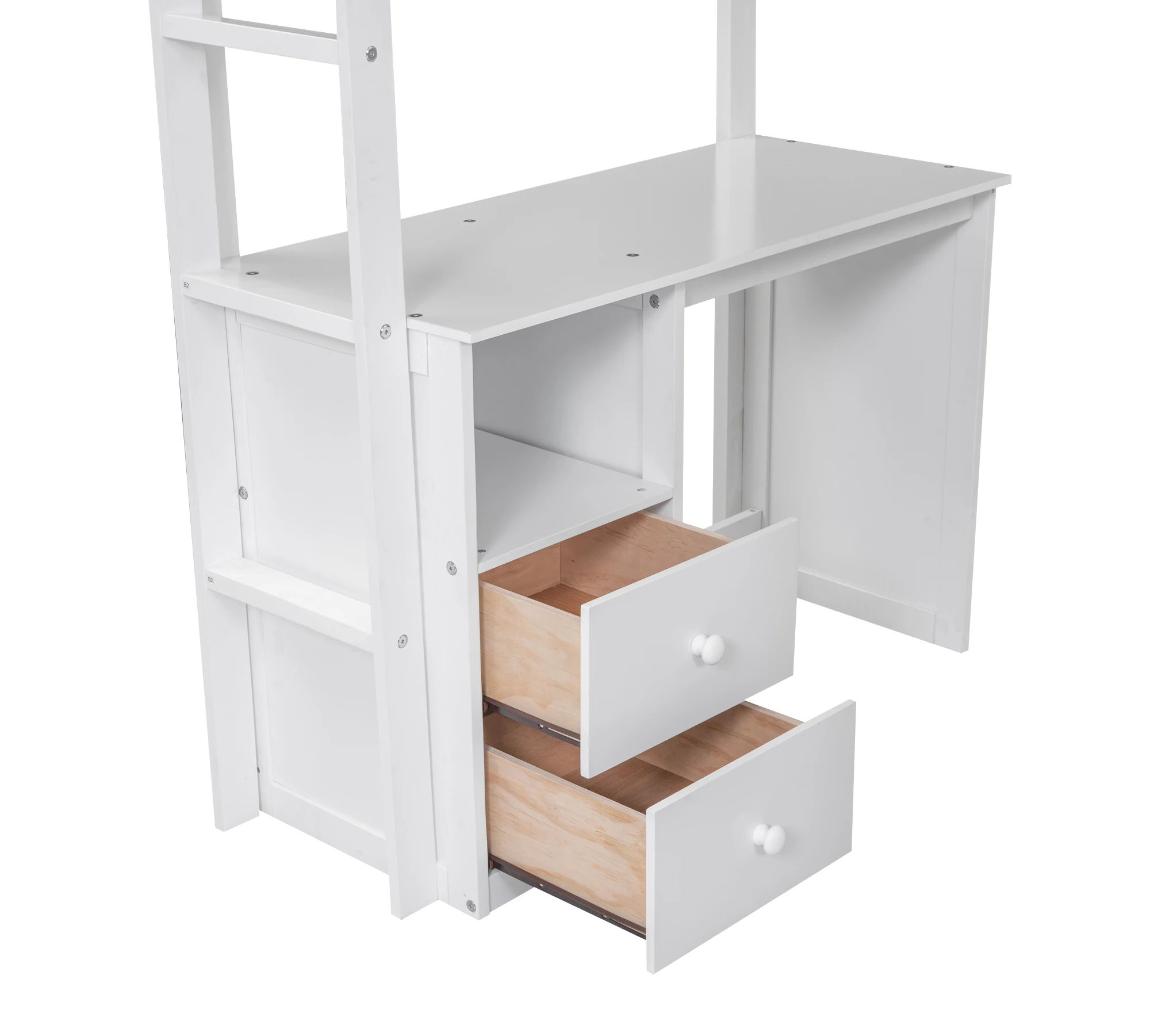 Lit 2 places en bois blanc, meuble loft avec armoires et bureau