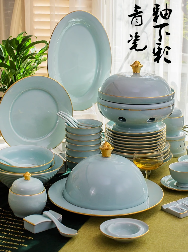 Bowl and Dish Set Household Chinese Jingdezhen Celadon Underglaze Tableware Bowl and Plate High-End Club Table Decoration Gift